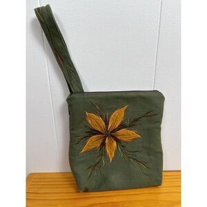 Handmade Handbag Khaki Canvas with Felted Wool Embroidered Flower Satin Interior